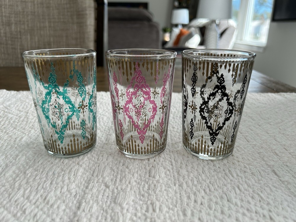 3 Vintage MCM Teal, Pink, Black Gold 6oz Embossed Juice Glass 4 Inch Moroccan