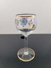 Vintage Clear Stem Cordial Glass Hand Painted Blue Floral Gold Trim 5 1/2″
