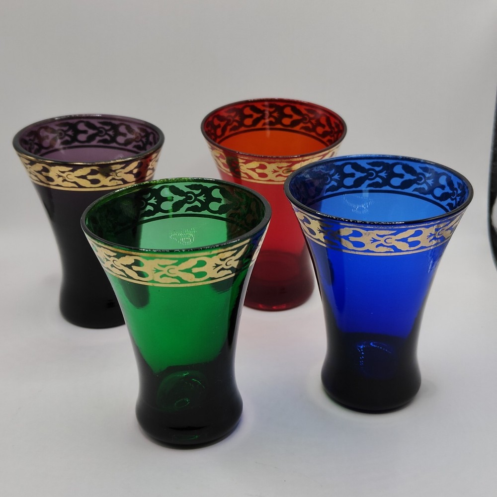 Bohemian Glass Set Of 4 Cordial Glasses Jewel Tones w/ Accent Gold Border 3″ T