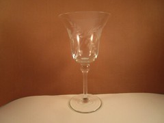 Vintage Clear Gray Cut Etched Flower Leaves Ball Stem Water Goblet Glass