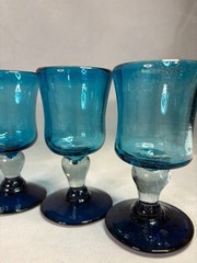 Mexican Hand Blown Aqua Blue Goblets Bubble Stem Glasses – Set of 8