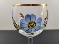 Vintage Clear Stem Cordial Glass Hand Painted Blue Floral Gold Trim 5 1/2″