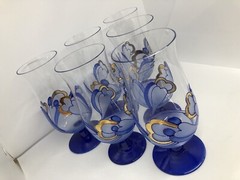 Blue & Gold Accents Drinking Bohemian Water Hand Painted Glasses Czechoslovakia