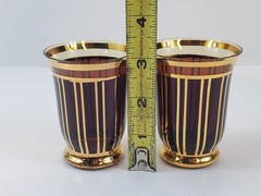 VTG MCM Art Deco Czech 3 Cocktail Glasses Gold Stripes Modernist Dark Amber Red