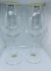2 Vintage Etched Glass Atomic Star Burst Wine Glasses MCM Czech Gold Tone Trim
