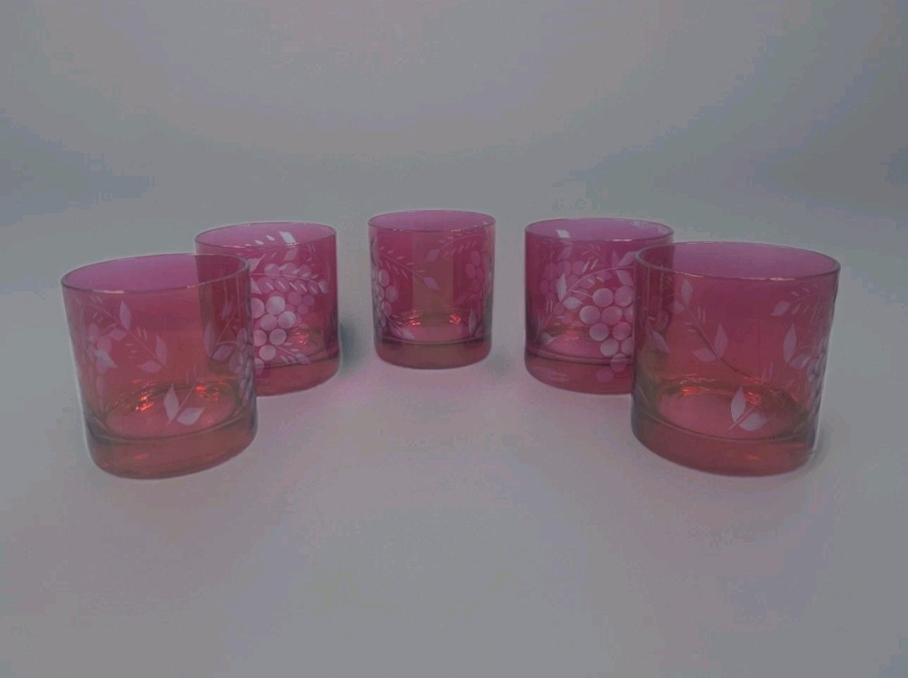 Cranberry Cut to Clear Whiskey/Rocks Glasses Set Of 5