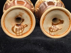 Pair Studio Art Pottery Goblets Hand Thrown Brown Blue Sgraffito Wine Chalices
