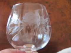 Vintage Crystal Etched Flower & Leaves Design-Smooth Stem-7 oz Brandy Glass(es)