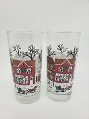 Set of 2 Libbey Winter Village Drinking Glasses Christmas Sleigh Horse L70