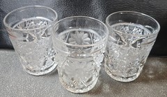 3Pc Etched Daisy Floral & Button/Daisy Motif Cut Crystal Whiskey Tumbler Glass