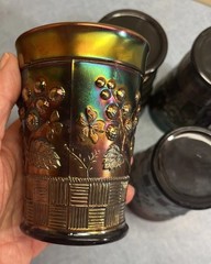 5 Vintage Northwood Raspberries Carnival Glass 4″ Tumblers Iridescent Purplegold