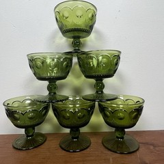 Vintage Bartlett-collins Bullseye Cane Avacado Green Glass Low Sherbet 6 Pc Set