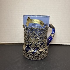Blue Beer Mug Glass Stein Encased Silver Plate Greek Coat Of Arms Vintage 5”