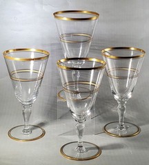 4 HAWKES Water Goblets GOLD and BLACK Decoration, Signed, 1950s Era, Excellent!