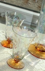 Vtg FOSTORIA CELLINI Loop Optic 5093 Amber ICED TEA GLASSES & PITCHER Lot AP