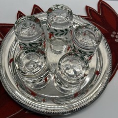 Vintage Christmas Lowball Old Fashioned Glasses Set of 5 With Round Silver Tray