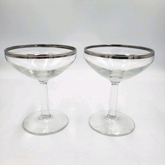 Vtg Silver Band Champagne Coupes, 1960s Stemware Glasses/Champagne Saucers, Pair