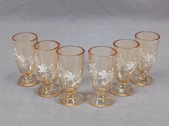 Bohemian Hand Enameled White Floral Optic Molded Amber Glass Liquor Cordial Set