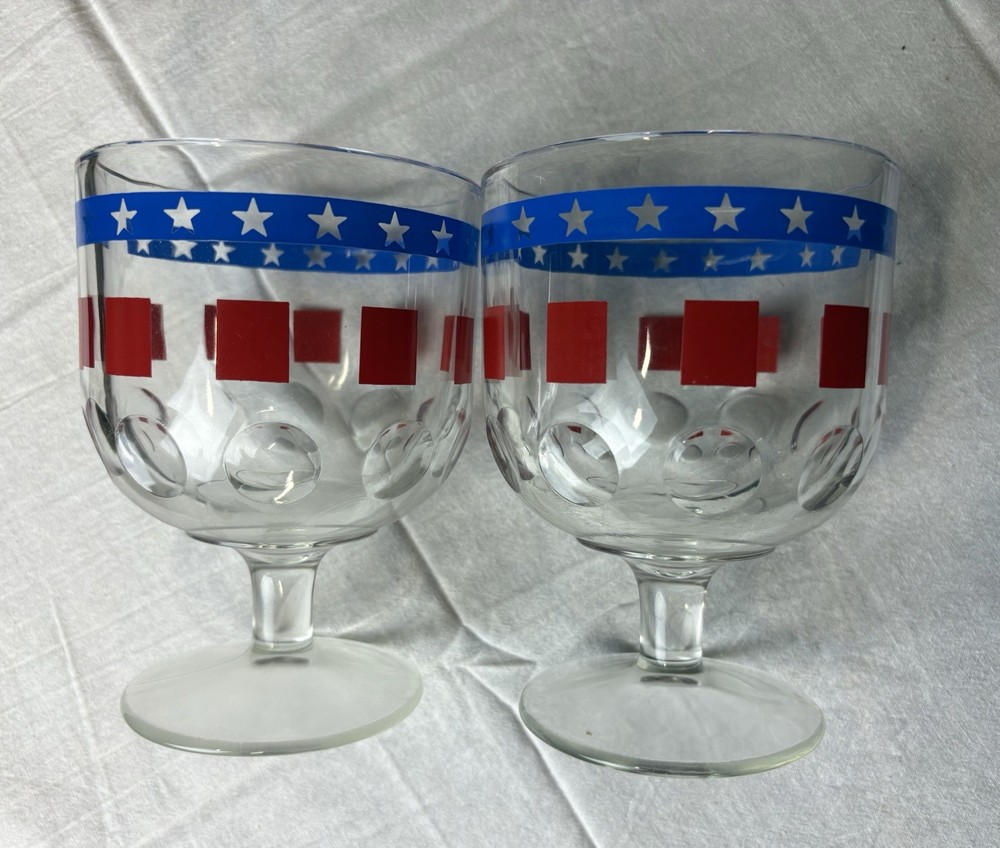 Pair Of Vintage Thumbprint USA Bartlett Collins Goblet Red, White, Blue Mint