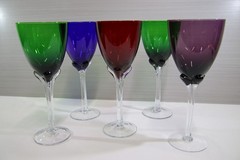 5- Murano Tall Hand Blown Tulip Clear Stem Wine Glasses, Water Goblets, Italian