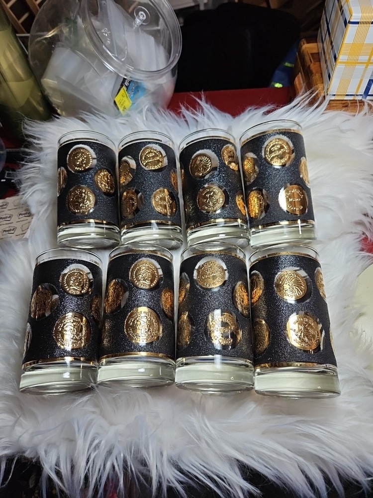 8 – Vin. Libbey Glasses 22k Trim 5in X 2.75 Coins Of The World Textured 1960s
