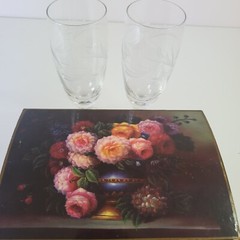 Short Etched Champagne Flutes Button Base in VTG Hinged Plastic Decoupage Box
