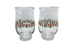 Libbey Set Of 2 Vintage Holly & Berries Gold Rim Glass Tumblers