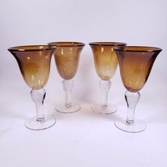 ARTLAND IRIS Artisan Amber Blown Glass Bubbles Ball Stem WATER GOBLET SET