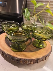 VTG Avocado Green Indiana Glass Kings Crown Thumbprint Dessert Goblet Set Of 4