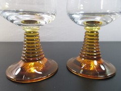 Vintage Amber w/ Gold Trim Beehive Stem German Roemer Wine Glasses Set of 2