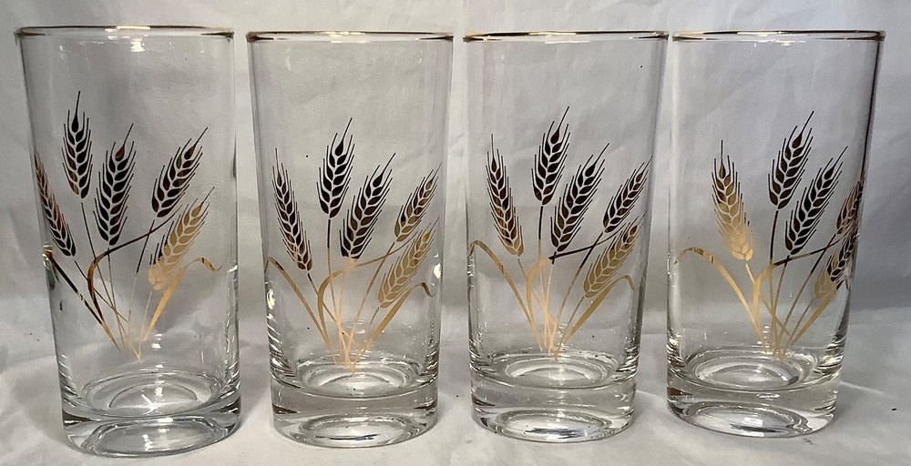 Set of 4 Vintage MCM Homer Laughlin Tumbler Glasses 22K Gold Wheat Pattern 5.5″