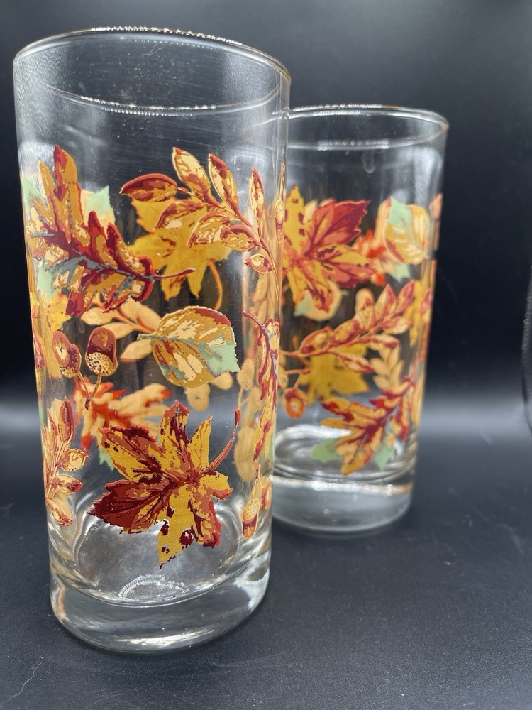 Pair Vintage Libbey Crisa Autumn Fall Leaves Acorns 16oz Glasses