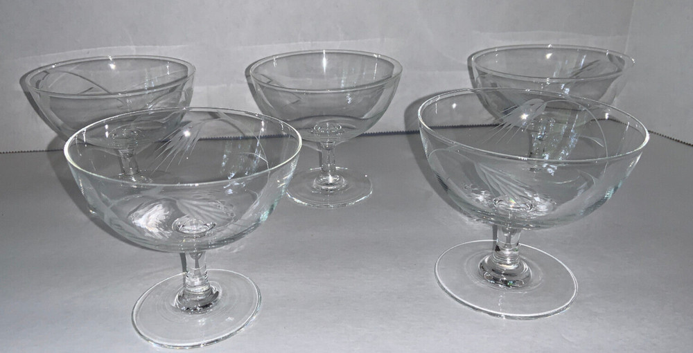 LOT OF 5 Crystal FRUIT COMPOTE/SHERBET (?) Glasses with Etched Wheat Leaf Design