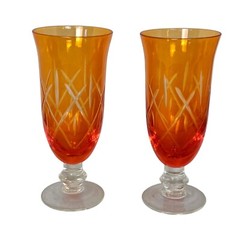 Set of 2 Vintage Orange Etched 6″ Iced Tea Water Glass Goblets RARE
