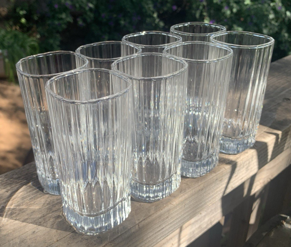 Set-8 Vtg Crystal D Arques Durand Tumbler Ribbed Square 4oz Flat Quadrille 4.5″