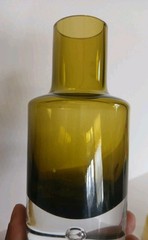Krosno Poland Olive Amber Art Glass Decanter Tumbler Set Controlled Bubble