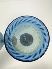 Set 2 Hand Blown Studio Art Wine Glasses Blue Iridescent w/ Twisted Cane Stems