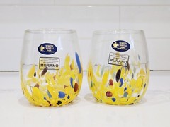 Murano White Crystal Hand Blown Confetti Art Glass Tumblers Yellow Set Of 2 Ital