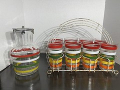 Vintage MCM Anchor Hocking Fiesta Stripe Pitcher & 8 Glasses Set with Caddy