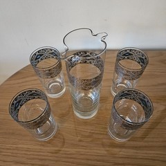 CULVER SORRENTO Vintage MCM Filigree Turquoise Pitcher & 4 Highball Glasses Set
