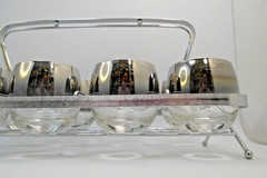Vintage Roly Poly Glass Set of 8 with Caddy Dorothy Thorpe Style Silver Rim MCM!