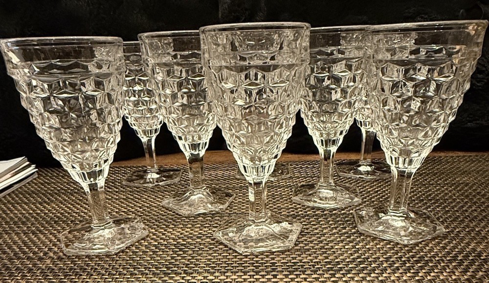 Set Of 8 Vintage Fostoria American Clear Hex Footed Water Or Wine Glasses
