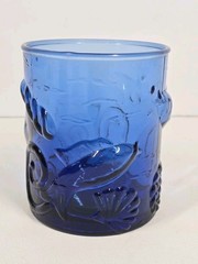 Dusky Blue Low Ball Tumbler Glass Embossed Shells Fish Starfish Ocean Life 4″
