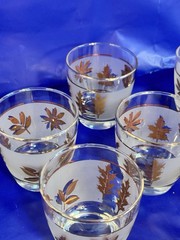 Set of 8 Libbey Golden Foliage Lowball Glasses Gold Rim Frosted 3” 1953-1978