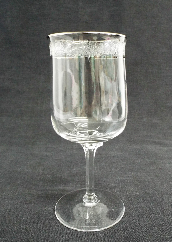 Lenox Crystal Moonspun Wine Glass Goblet Platinum Trim Etched Flowers 6.25”