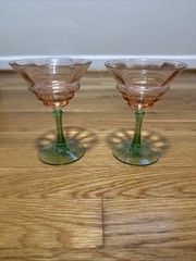 Set of Two Tiffin Pink Green Sherbet Wine Stems Watermelon Uranium Glass 5.25in