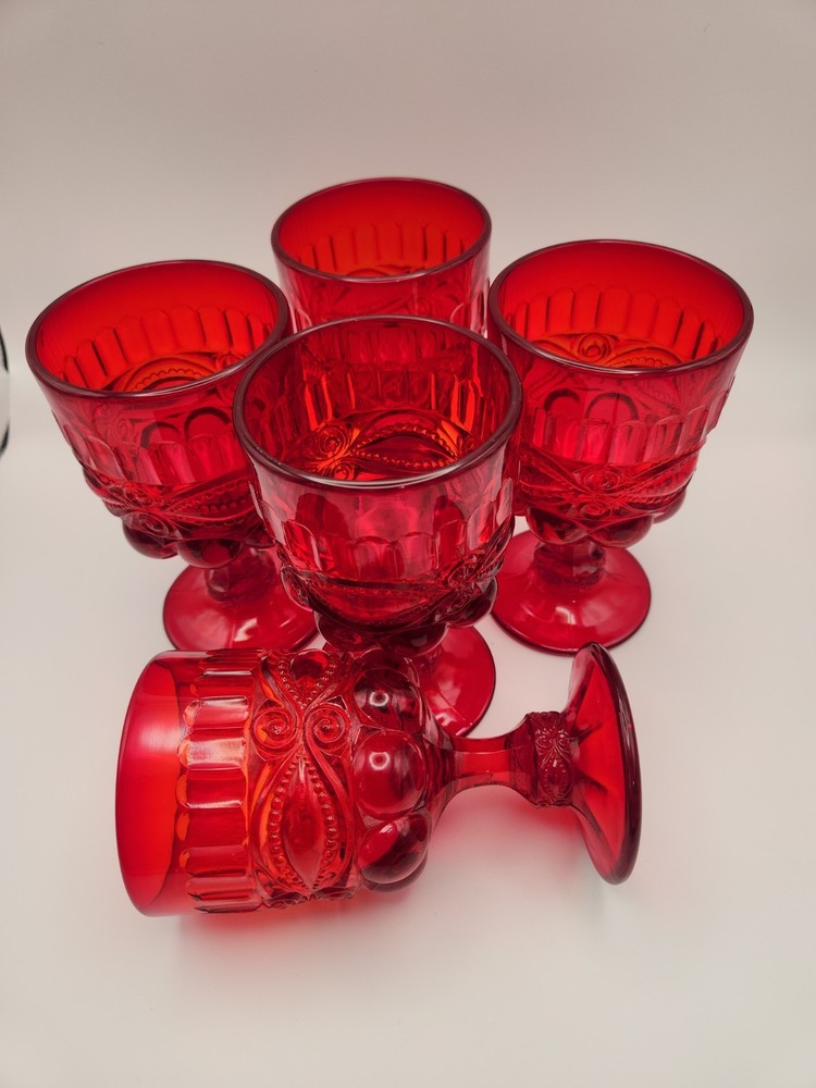 Vintage L.G. Wright Eye Winker Ruby Red Water Goblets Set of 5 Mosser Glass