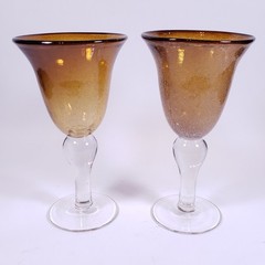 ARTLAND IRIS Artisan Amber Blown Glass Bubbles Ball Stem WATER GOBLET SET