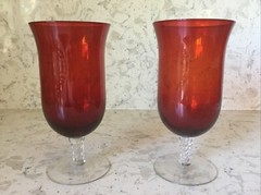 Ruby Red & Clear Swirl Stem Bell Shaped Water/Iced Tea Glasses Set of Two 16 oz