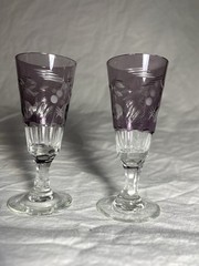 Set of 2 Vintage Purple Cordial Liqueur Glasses Etched Design 3.25 inches tall